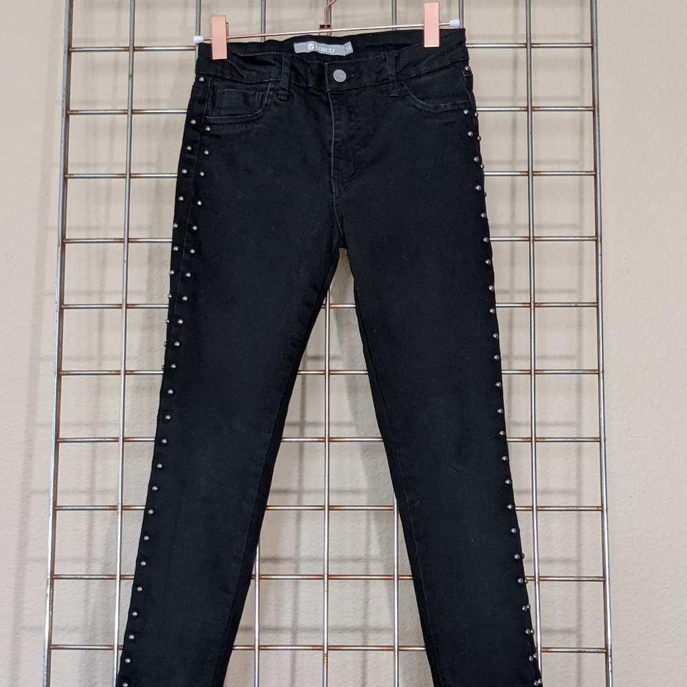 Tractor girl's black mid rise skinny jeans with side studs Size: 14